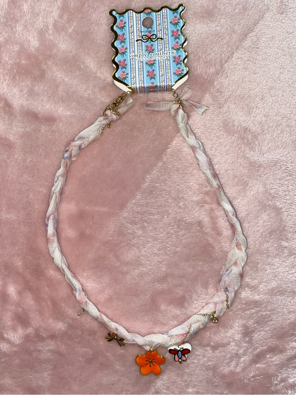 Simply Southern Pink Braided Necklace with Orange Flower & Butterfly Charms